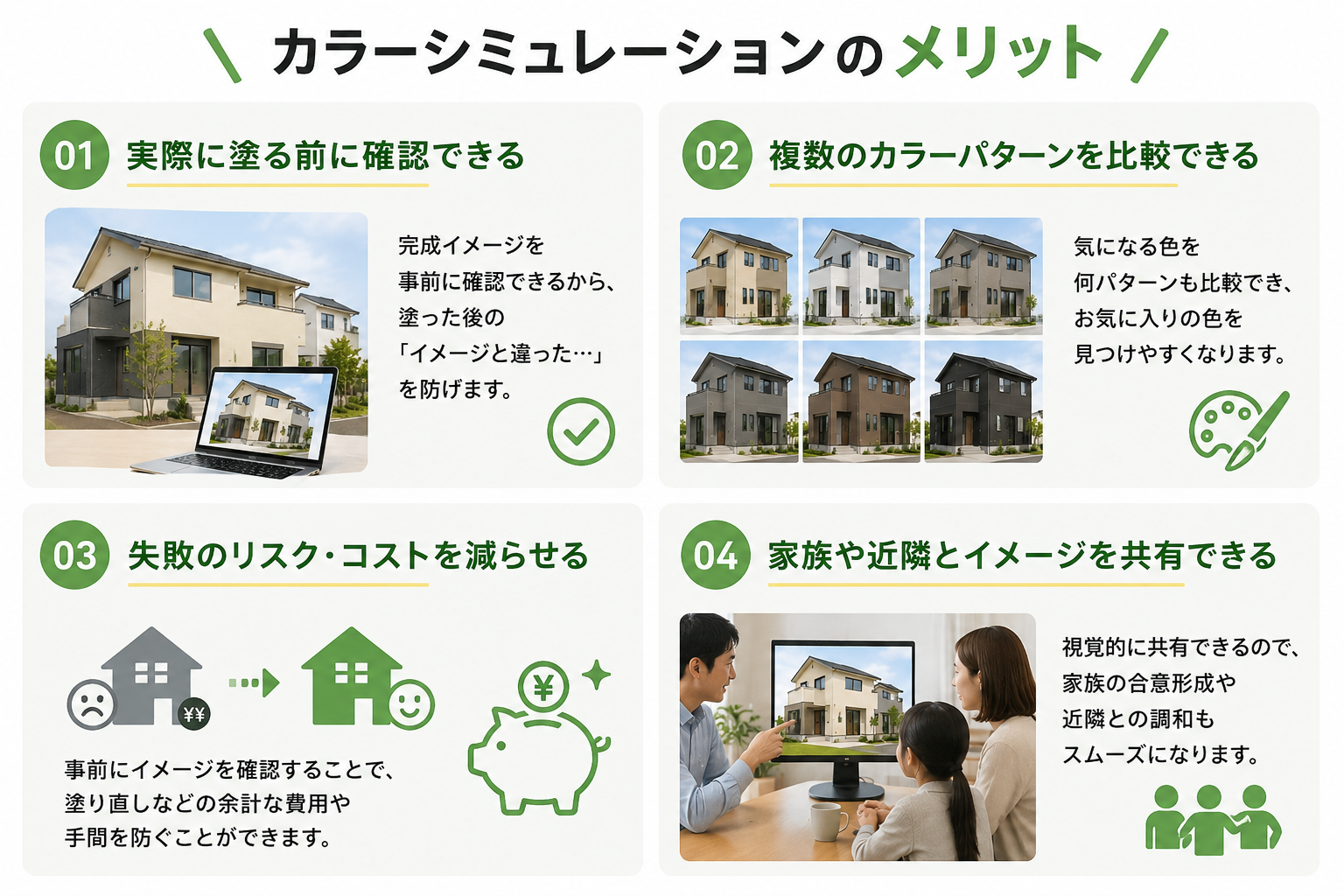カラーシミュレーションで家族と外壁の色合いを比較検討するイメージ