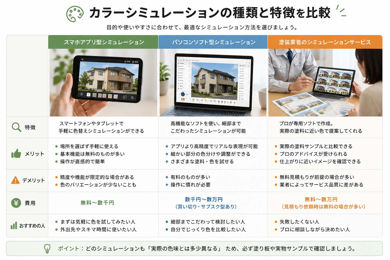 外壁塗装カラーシミュレーションのアプリ・ソフト・業者の種類を比較するイメージ
