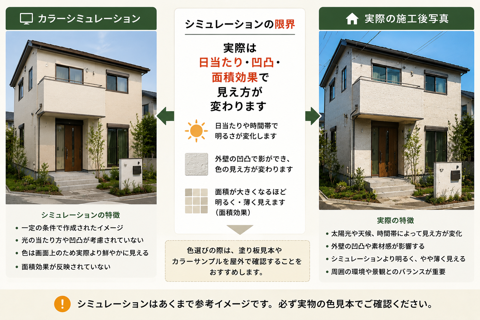 カラーシミュレーションと実際の塗装仕上がりの差を比較するイメージ