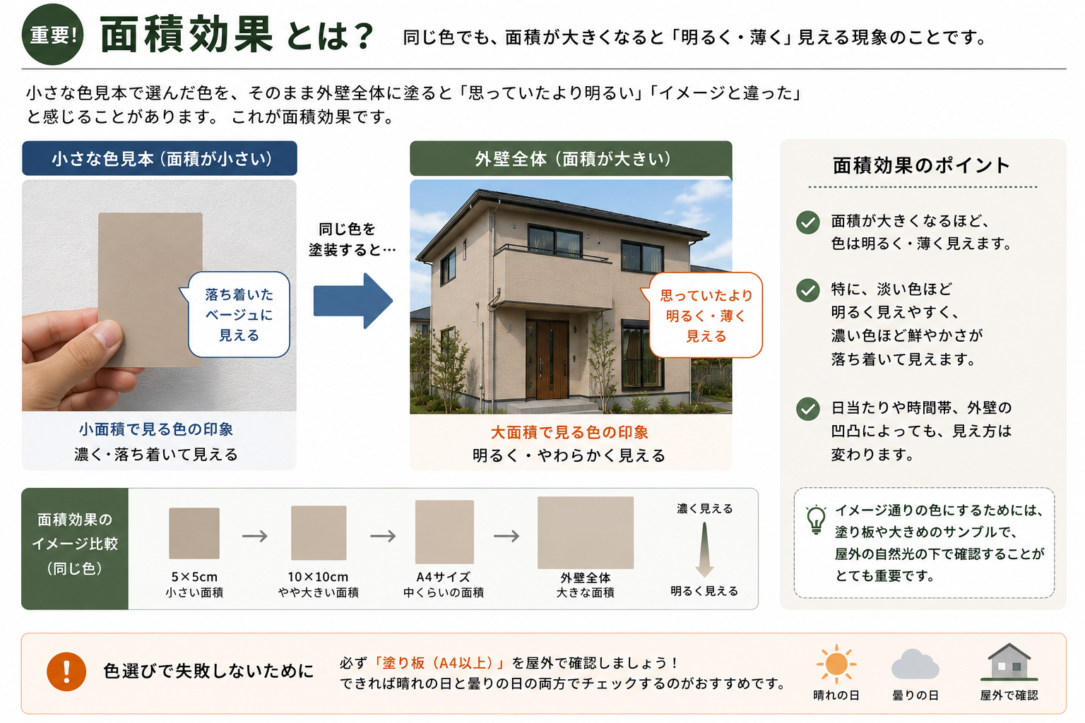 外壁の色の面積効果で見え方が変化する仕組みを示すイメージ