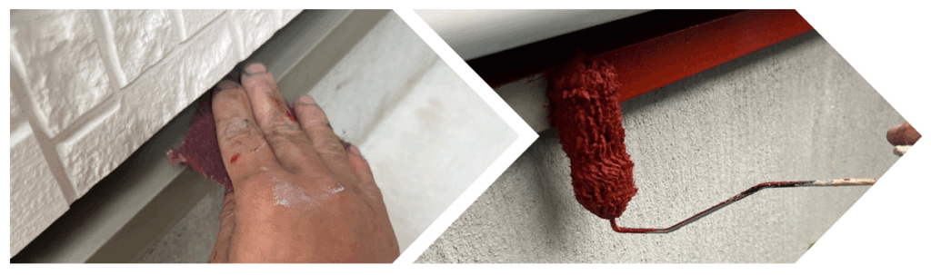 外壁塗装で鉄部に錆止めを行っている作業写真。下塗り(ケレン)で腐食を防止している様子