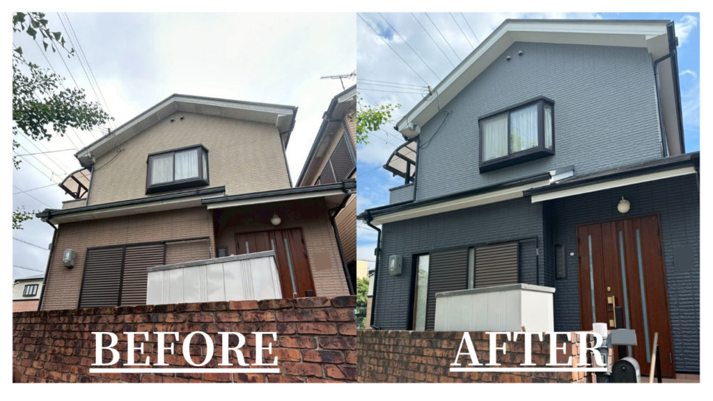 神奈川県相模原市在住K様の外壁塗装施工事例。濃いグレー(PX-707)とグレー(PX-705)を使用。