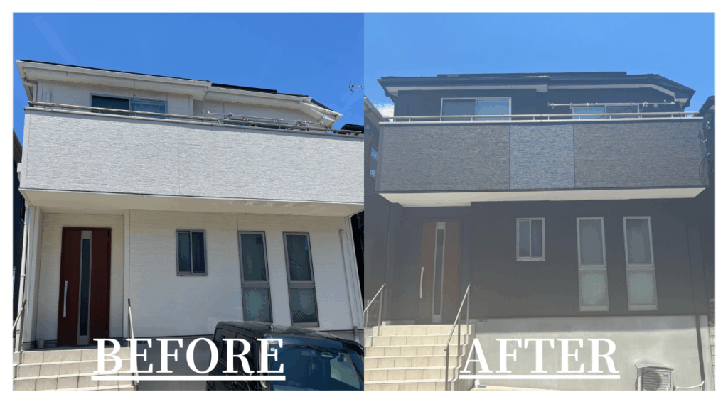 神奈川県相模原市在住K様の外壁塗装施工事例。 ブラック×ネイビーの差し色を使用した塗装。