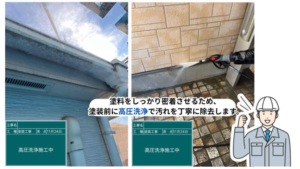 外壁塗装前の下処理として、外壁や付帯部を高圧洗浄で丁寧に洗浄している様子（神奈川県座間市・RESIA施工）