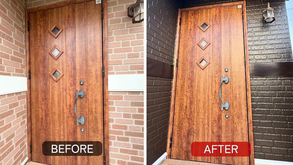 横浜市の住宅における玄関まわりの施工前後比較(外壁塗装後の仕上がり)。