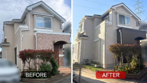 横浜市の戸建て住宅で行った外壁塗装と屋根塗装の施工前後比較（全景）