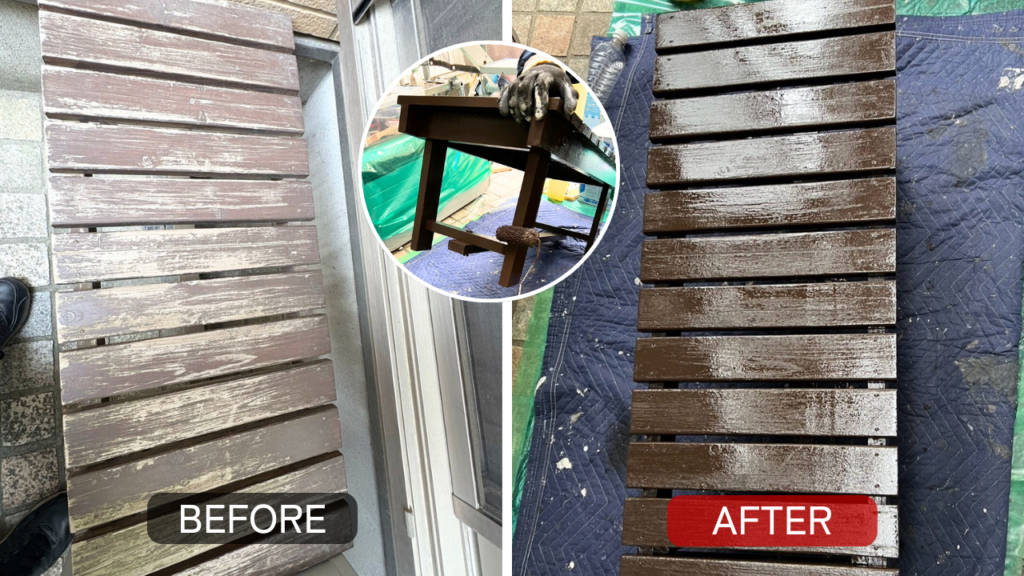 木製ベンチの塗装前と塗装後を比較した写真。塗装により表面が整った様子