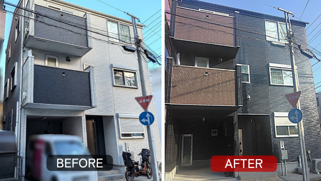 神奈川県川崎市の外壁塗装施工前後の比較。明るい外壁から落ち着いたツートンカラーへ仕上げた事例