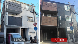 神奈川県川崎市の外壁塗装施工前後の比較。明るい外壁から落ち着いたツートンカラーへ仕上げた事例