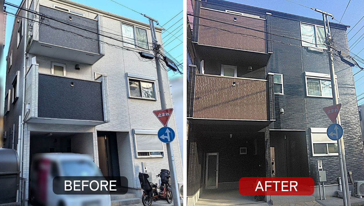 神奈川県川崎市の外壁塗装施工前後の比較。明るい外壁から落ち着いたツートンカラーへ仕上げた事例