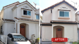 東京都町田市の戸建て住宅における外壁塗装工事の施工前後 外壁と付帯部を一体的に仕上げた事例