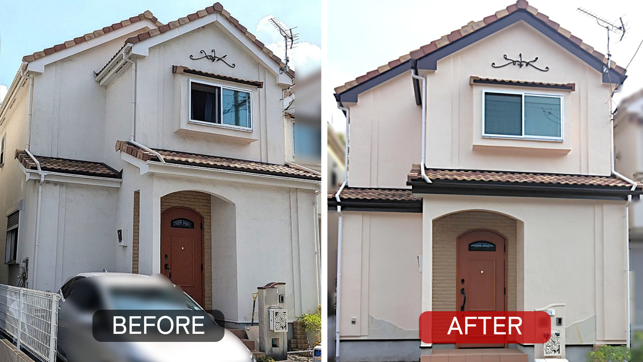 東京都町田市の戸建て住宅における外壁塗装工事の施工前後 外壁と付帯部を一体的に仕上げた事例