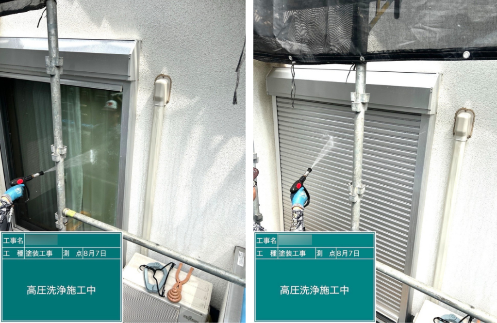 東京都町田市の外壁塗装工事で高圧洗浄により外壁とシャッターの汚れを丁寧に除去している様子
