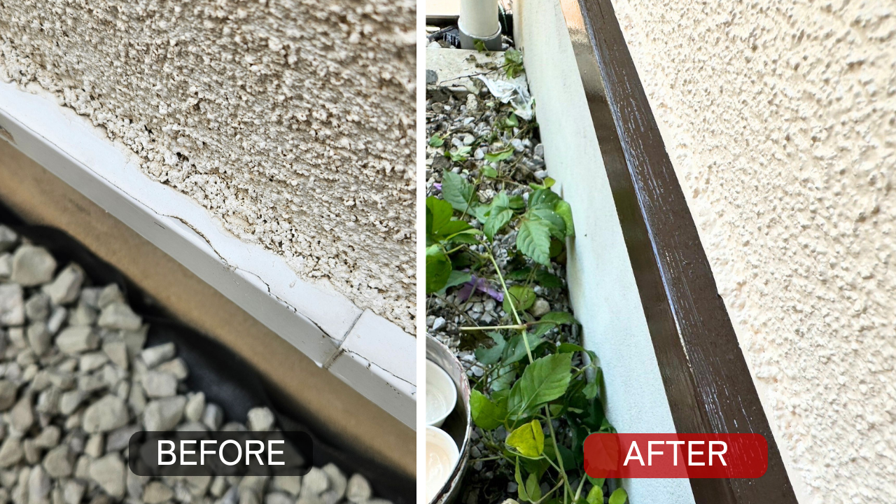 東京都町田市の外壁塗装工事で付帯部の水切りを塗装し劣化部分を補修して仕上げた様子