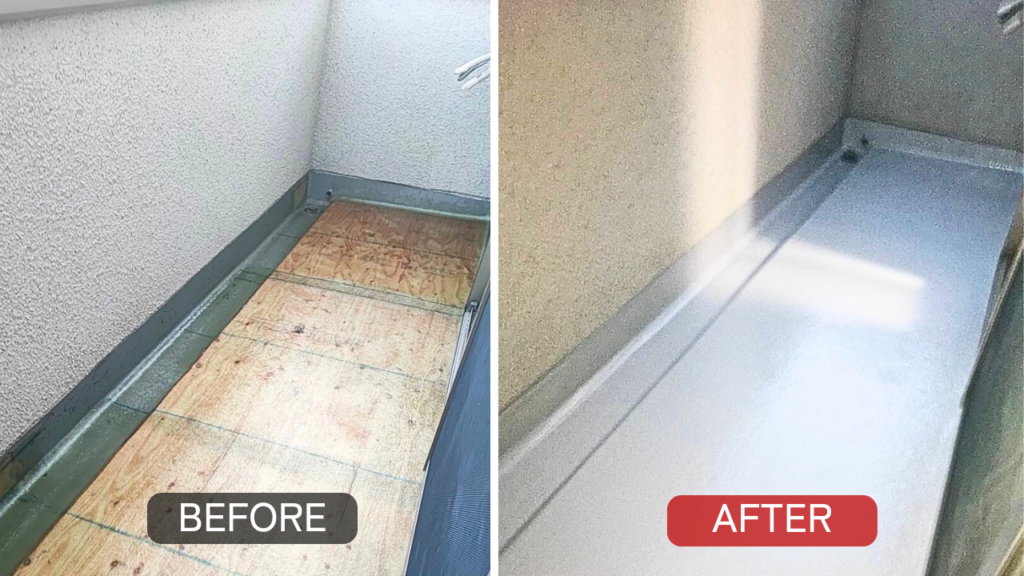 神奈川県横浜市N様邸のベランダ防水工事の施工前後比較。劣化したベランダ床を下地補強後、FRP防水ワンプライ工法で仕上げた事例