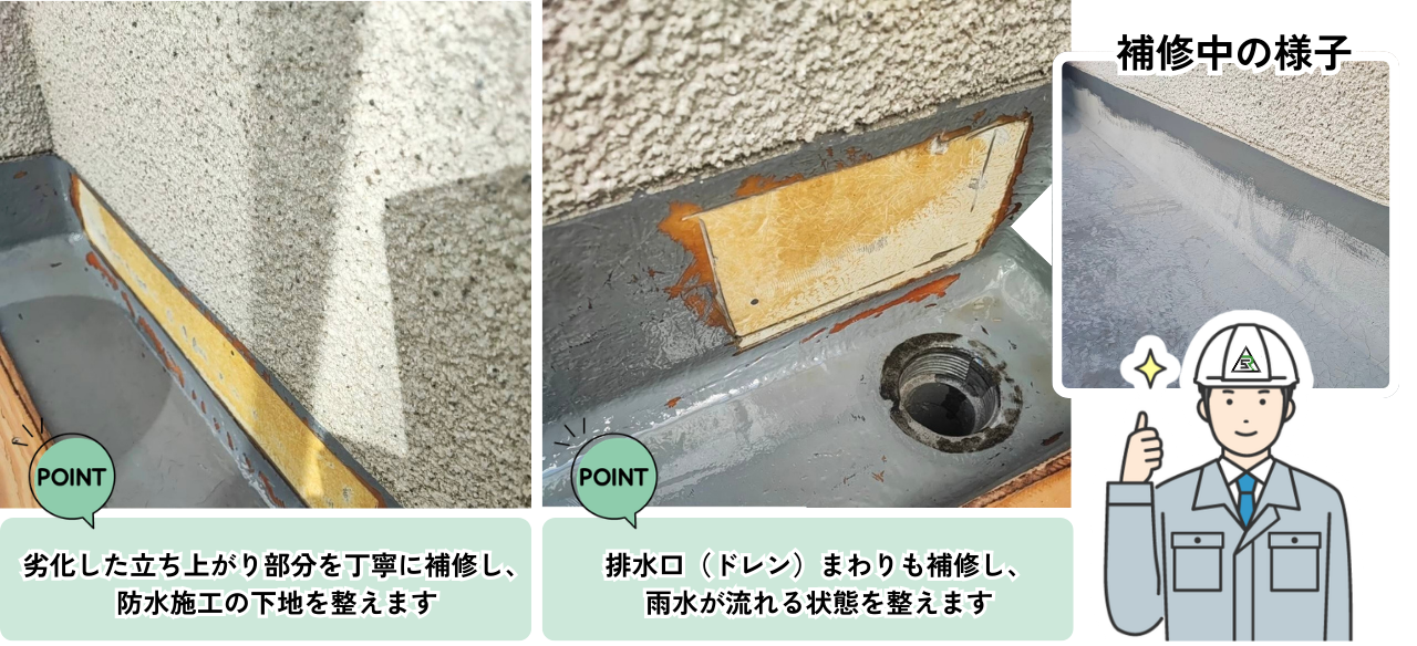 神奈川県横浜市ベランダ防水工事。立ち上がり補修と排水口（ドレン）補修を行い、防水施工の下地を整えている様子。