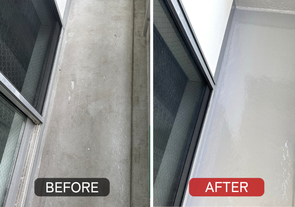 東京都江東区のベランダ防水施工前後の比較。劣化した床面を防水施工で改善した様子