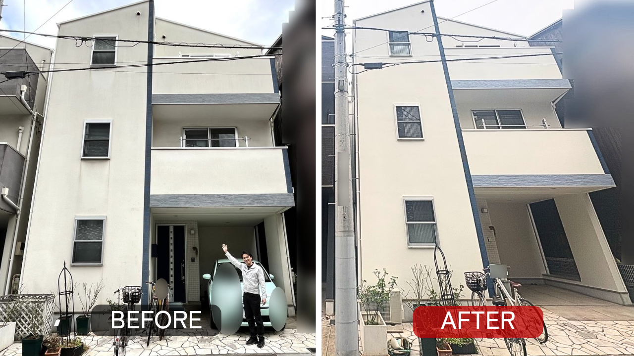 東京都江東区の外壁塗装施工前後の比較。ツートンカラーへイメージチェンジした様子