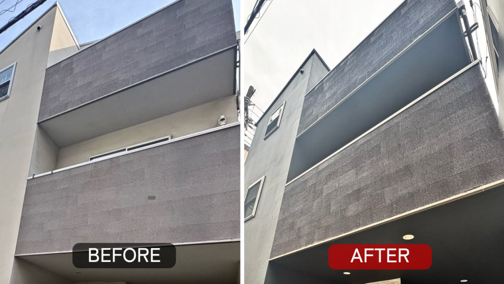 東京都江東区のバルコニー外壁の塗装前後(汚れや色あせを改善)