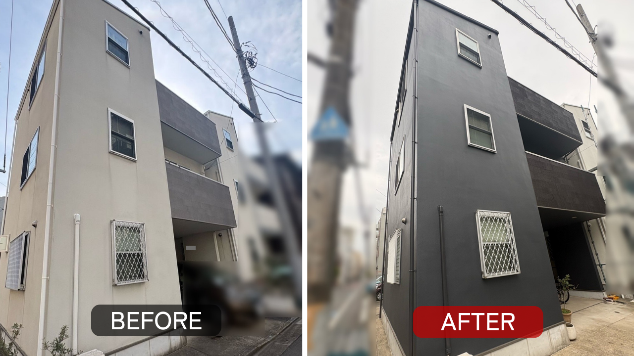東京都江東区の住宅側面外壁の塗装前後比較(劣化改善と美観向上)