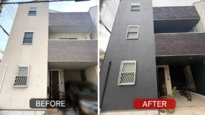 東京都江東区の戸建て外壁塗装ビフォーアフター（ホワイトからダークグレーへ塗り替え）