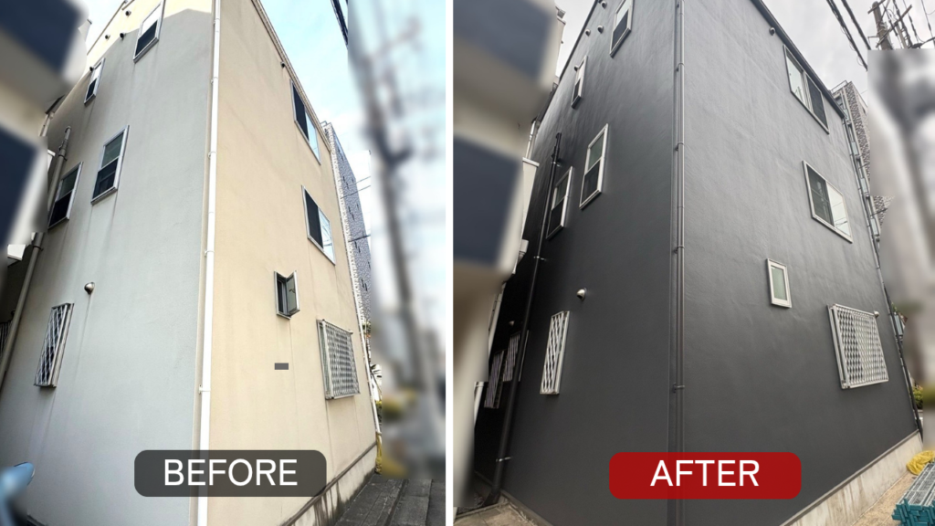 東京都江東区の住宅側面外壁の塗装前後比較(劣化改善と美観向上)