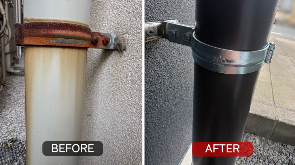 東京都江東区の雨樋固定金具の交換前後(錆びたバンドを新品へ交換)