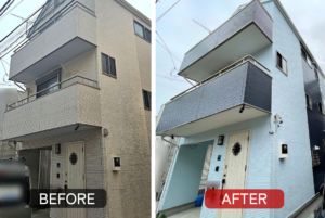 神奈川県川崎市H様邸の外壁塗装施工前後。明るい外壁からツートンカラーへ塗り替えた事例