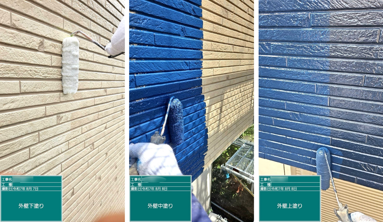 神奈川県高座郡の戸建て付帯部塗装で、縦樋のケレン処理・塗装とエアコンダクトの塗装工程