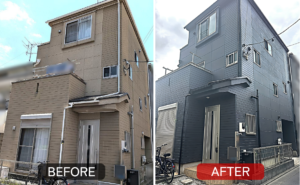 神奈川県川崎市の戸建て住宅で外壁塗装を実施し、ブラウンから濃いダークグレーへ変化