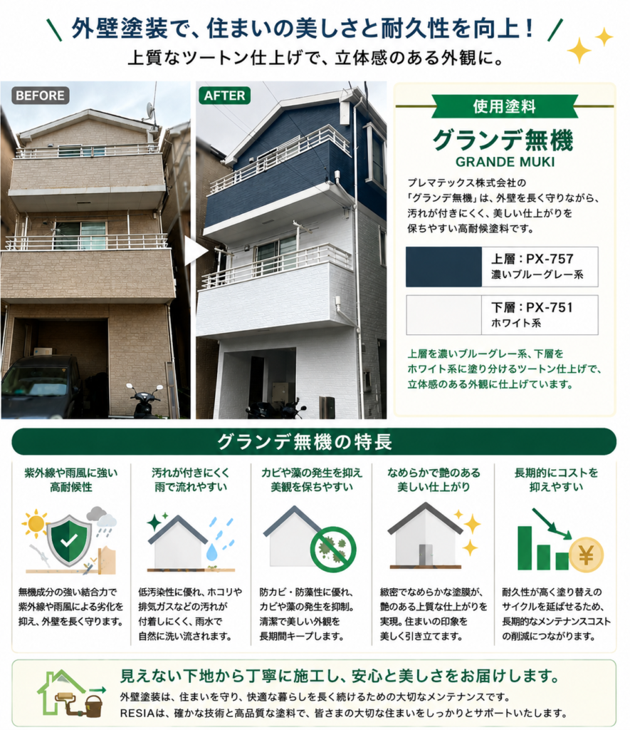 神奈川県川崎市Ｈ様邸の外壁塗装ビフォーアフターと、グランデ無機PX-751・PX-757を使用したツートン仕上げの特長をまとめ