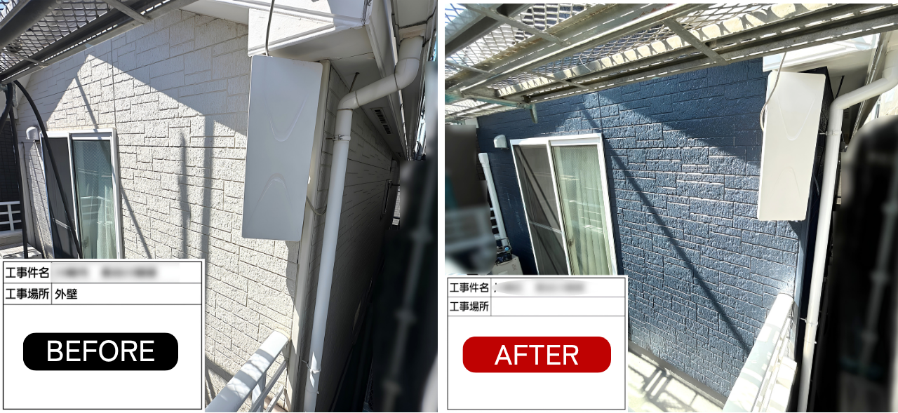 川崎市の戸建て外壁クローズアップ、アンテナ周辺がホワイトからブルーグレーへ変化