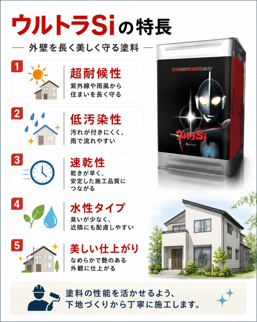 ウルトラSiの特長を紹介した図解画像。超耐候性、低汚染性、速乾性、水性タイプ、美しい仕上がりのポイントを塗料缶写真付きで分かりやすくまとめ
