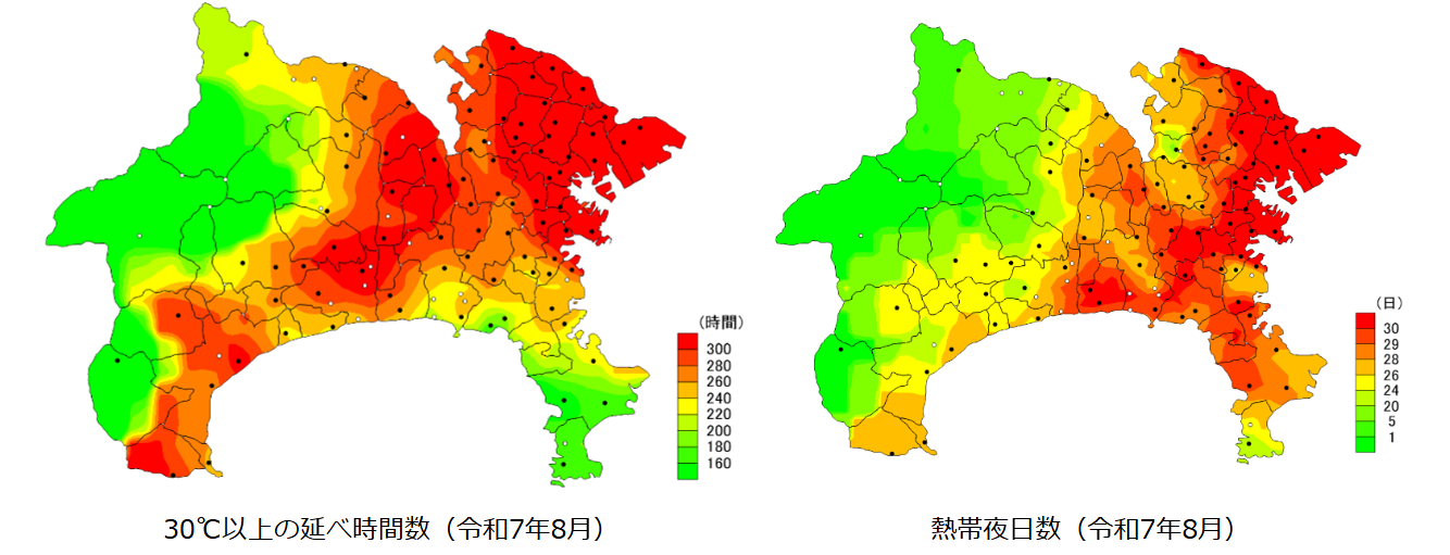 神奈川県・横浜市の熱帯夜日数を示すヒートマップ