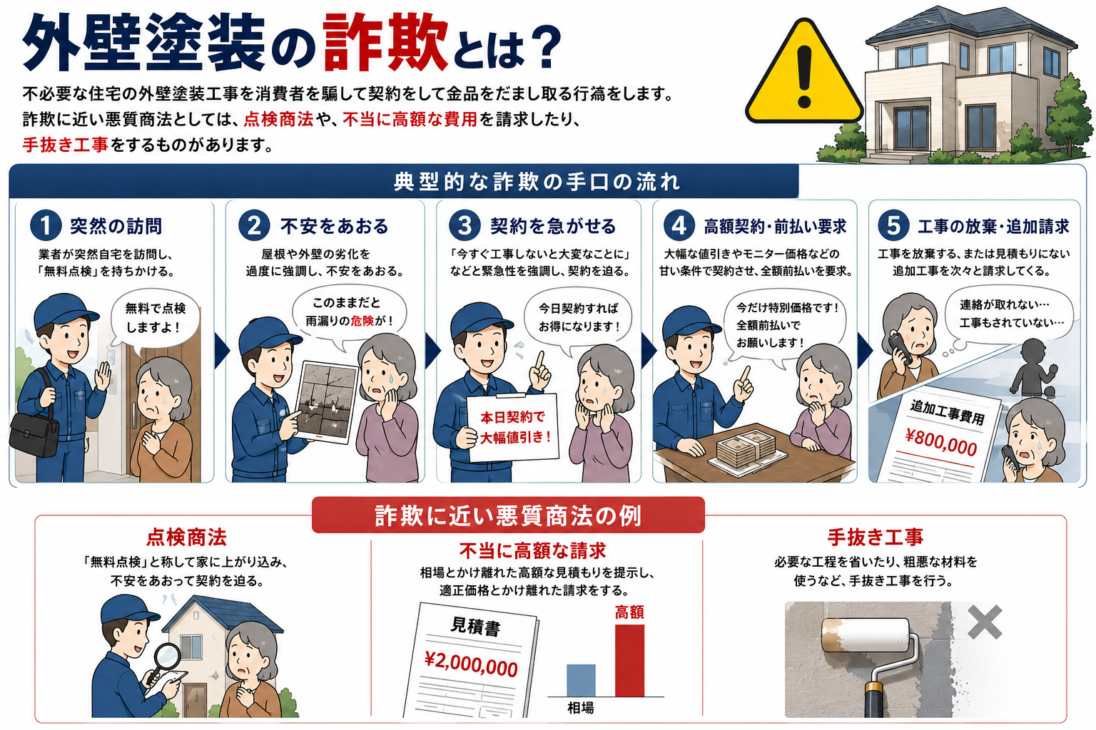 外壁塗装詐欺の典型的な手口として、突然の訪問、無料点検、不安をあおる説明、高額契約や前払い要求、工事放棄や追加請求の流れを解説