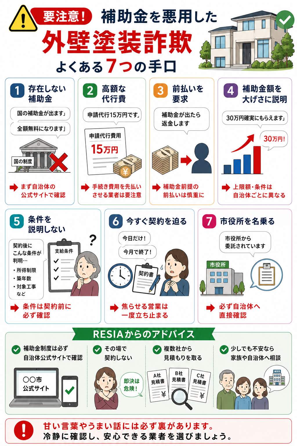外壁塗装の補助金詐欺でよくある7つの手口を解説した図解。存在しない補助金、高額な申請代行費、補助金前提の前払い、高額補助金の誇大説明、条件説明不足、契約を急がせる営業、市役所を名乗る手口などの注意点と、自治体公式サイトで確認する重要性を紹介。
