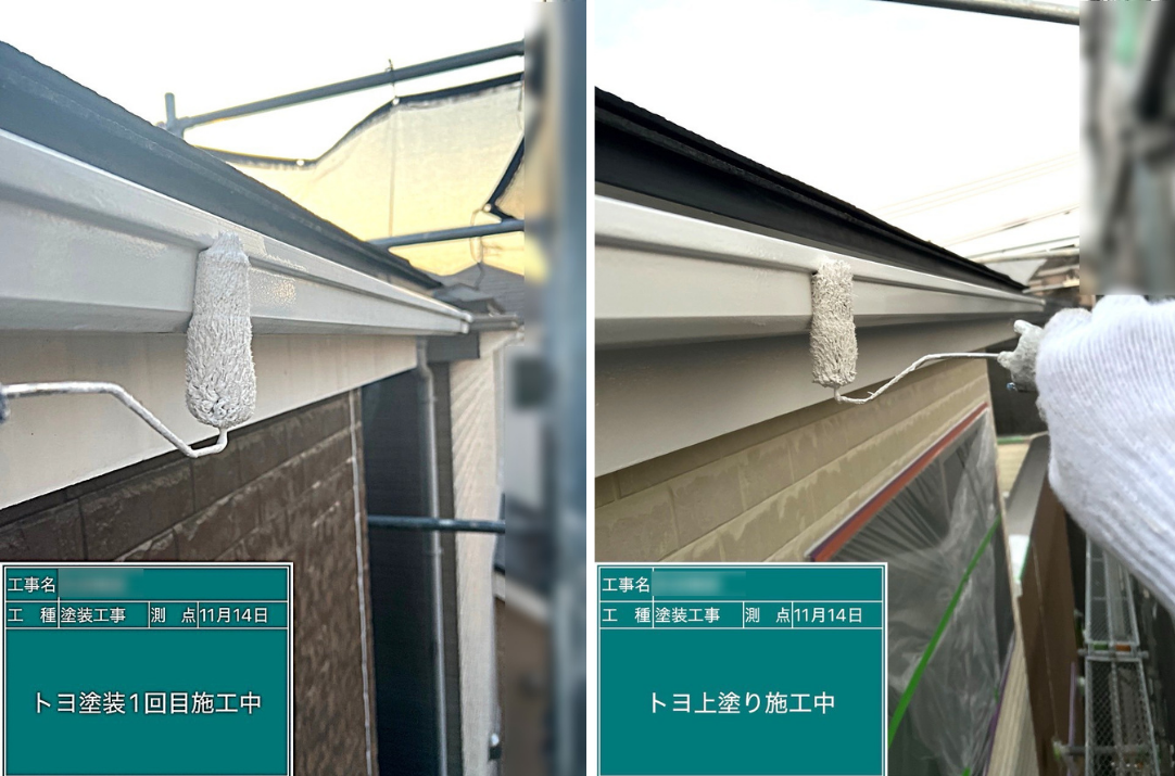 川崎市の戸建てで行った軒樋の上塗り塗装作業の様子