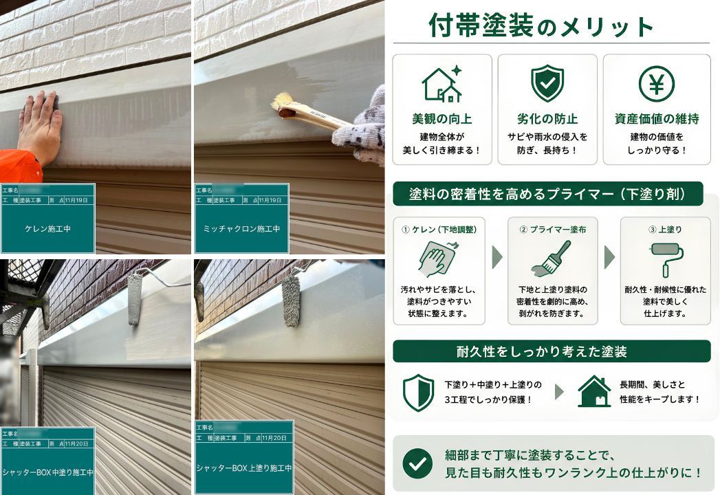 川崎市の付帯部塗装でシャッターBOXの下地処理と塗装を行う様子