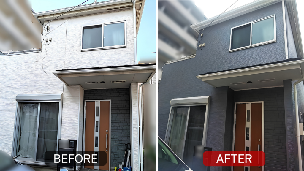 川崎市川崎区の戸建て外壁塗装、施工前後で白色系から濃いグレーへ色が変化