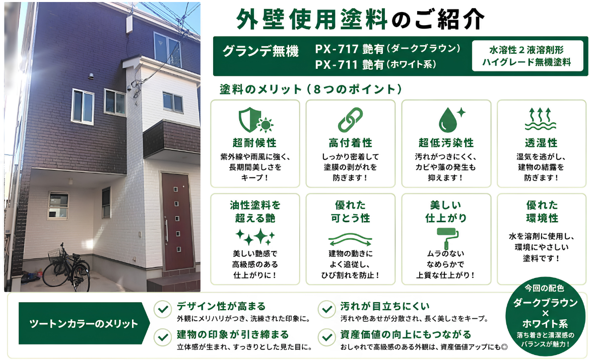 川崎市の外壁塗装で使用したツートーンカラー塗料の特長をまとめた解説図