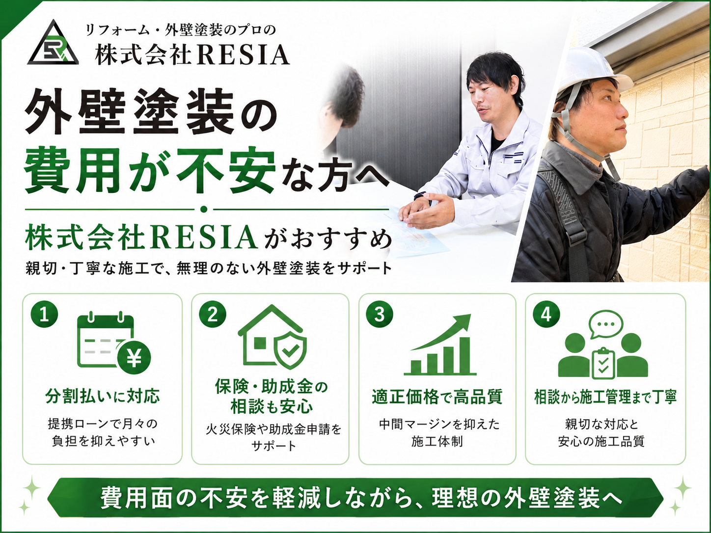 RESIAが外壁塗装の費用不安に対し、分割払い、保険や助成金の相談、適正価格の施工、丁寧な施工管理でサポート