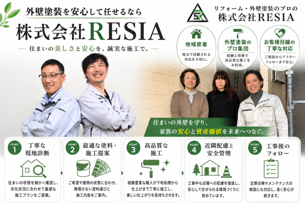 株式会社RESIA(リシア)の外壁塗装の現地診断、塗料提案、高品質施工、近隣配慮、工事後フォローを紹介