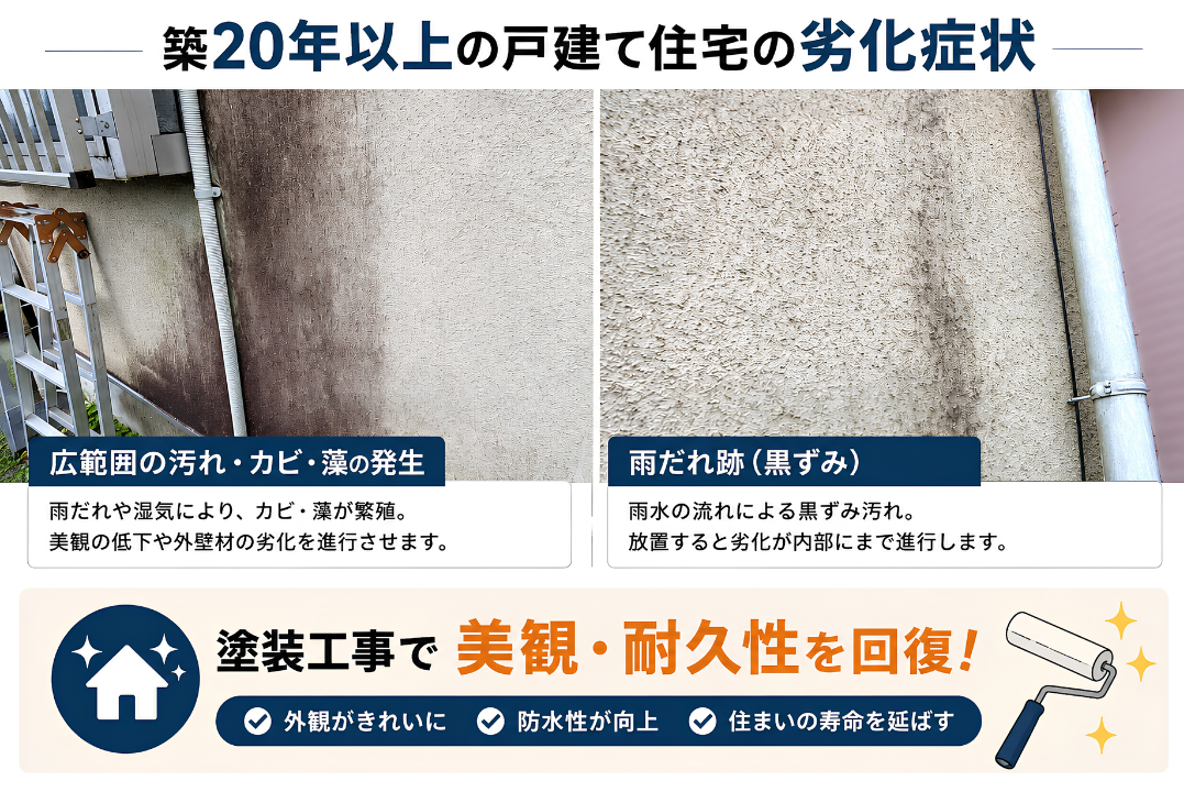築20年以上の戸建てに見られる汚れやカビ、雨だれ跡の劣化症状を解説した図