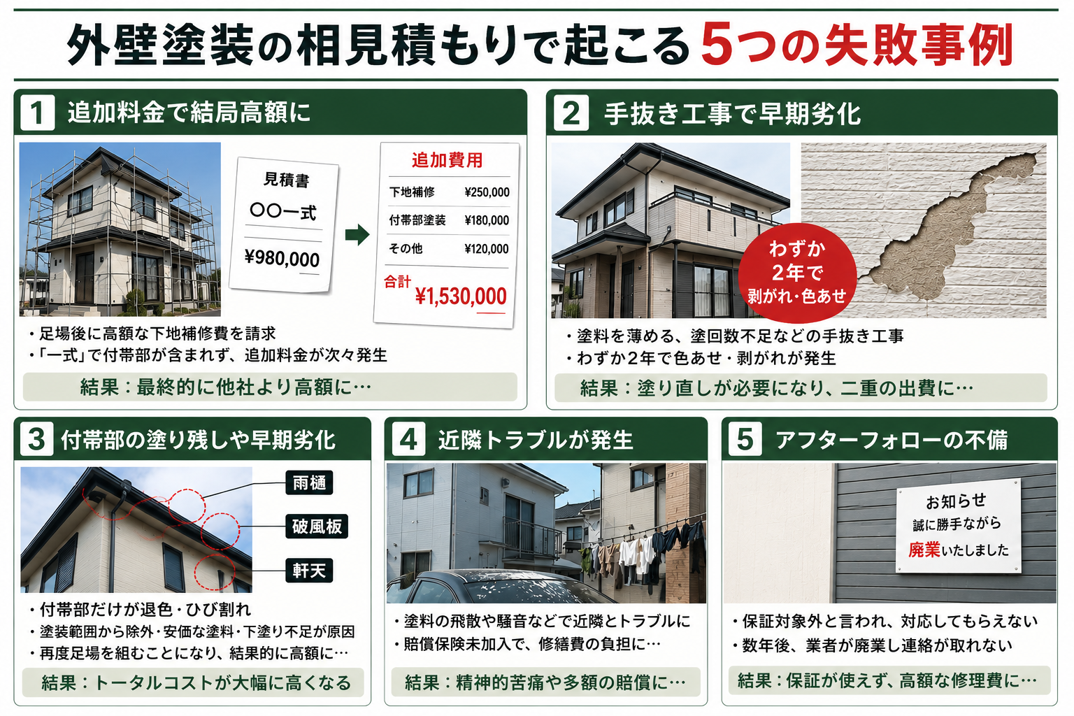 外壁塗装の相見積もりで起こる追加料金、手抜き工事、付帯部の塗り残し、近隣トラブル、アフターフォロー不備の5つの失敗事例