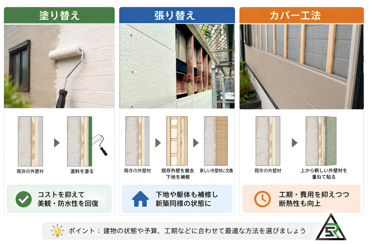 外壁の塗り替え・張り替え・カバー工法の違いと施工方法、メリットを比較