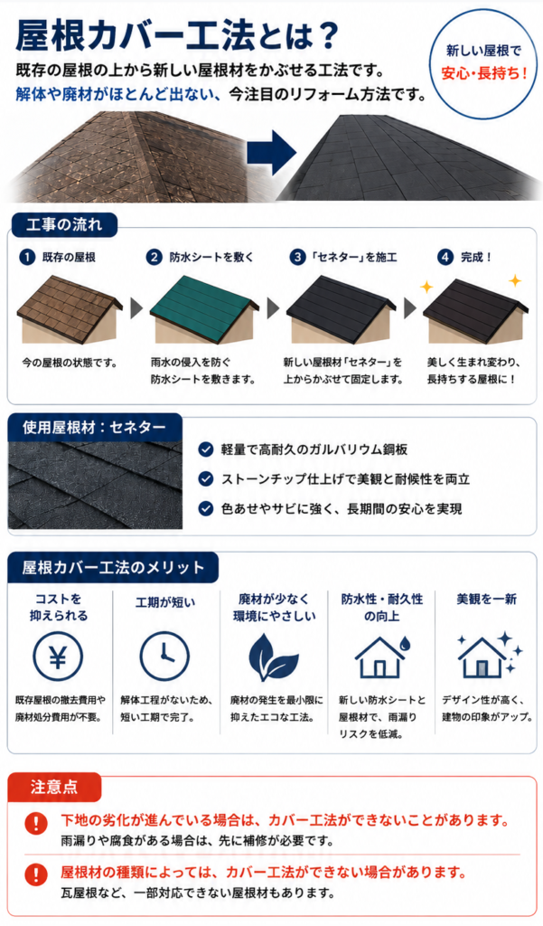 屋根カバー工法の工程を示す解説　既存屋根に新しい屋根材を重ねる仕組み