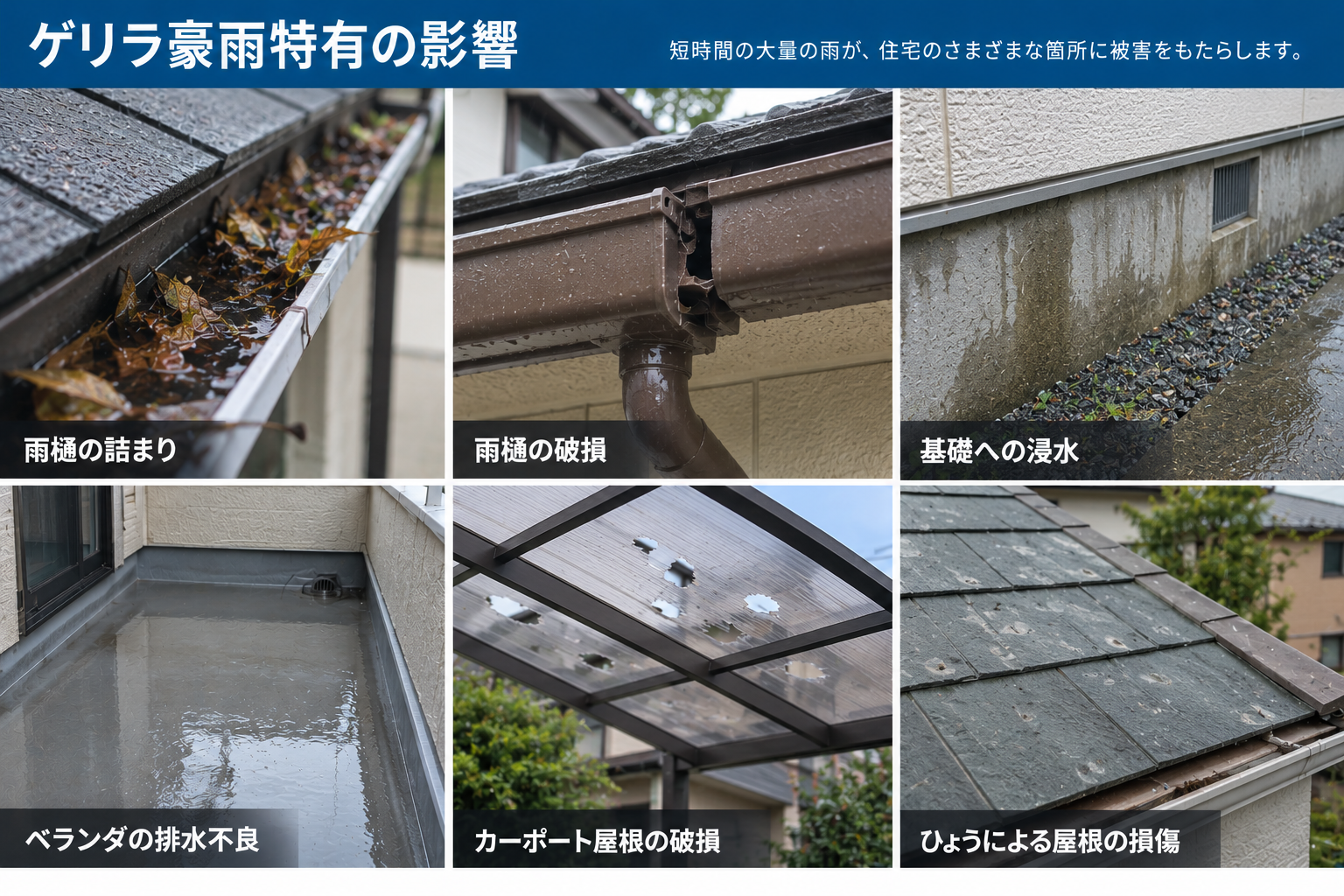 ゲリラ豪雨による雨樋の詰まりや破損、基礎への浸水、ベランダ排水不良、カーポートや屋根の雹被害