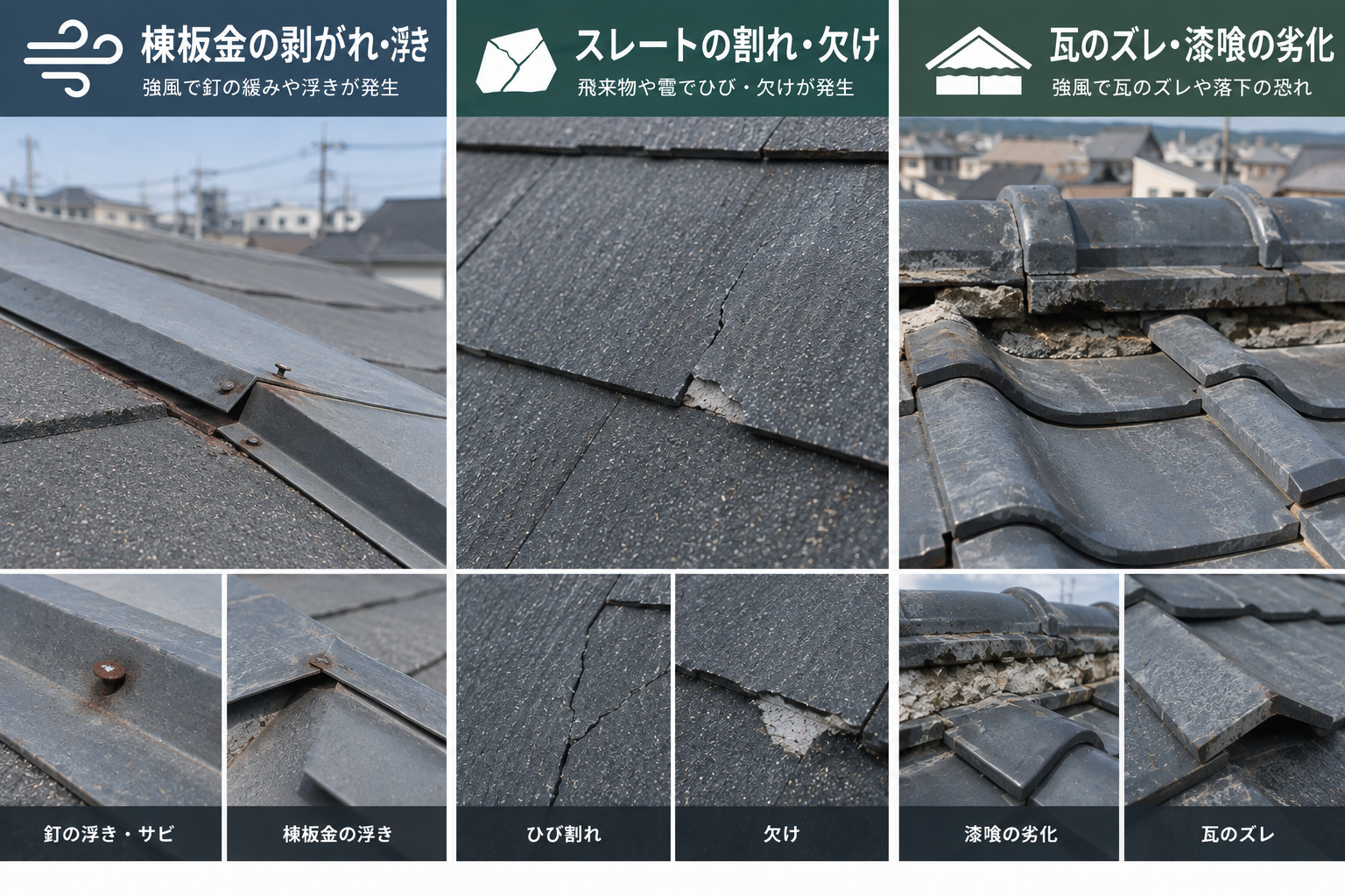 台風や強風で起こりやすい棟板金の浮きや釘の緩み、スレート屋根のひび割れ・欠け、瓦のズレや漆喰劣化の症状