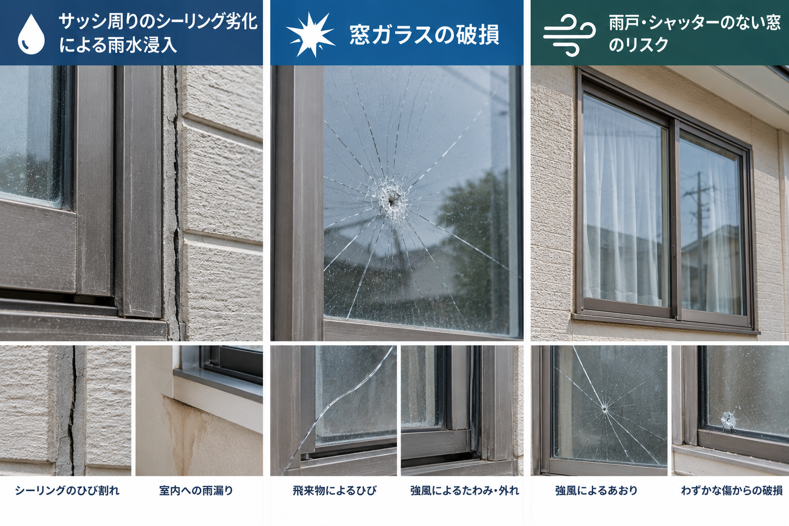 台風や強風時に起こりやすいサッシ周りのシーリングひび割れ、雨水浸入、窓ガラスの破損、雨戸やシャッターのない窓のリスク