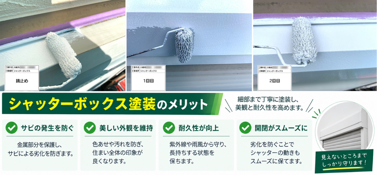 川崎市の戸建てでシャッターボックスに錆止めを施し、2回塗り重ねる付帯部塗装の様子